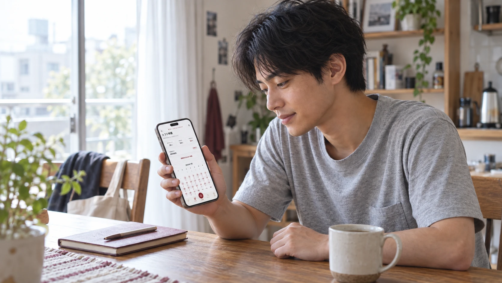 自宅でくつろぎながら、手元のスマートフォンで次の勤務予定を確認するイメージ