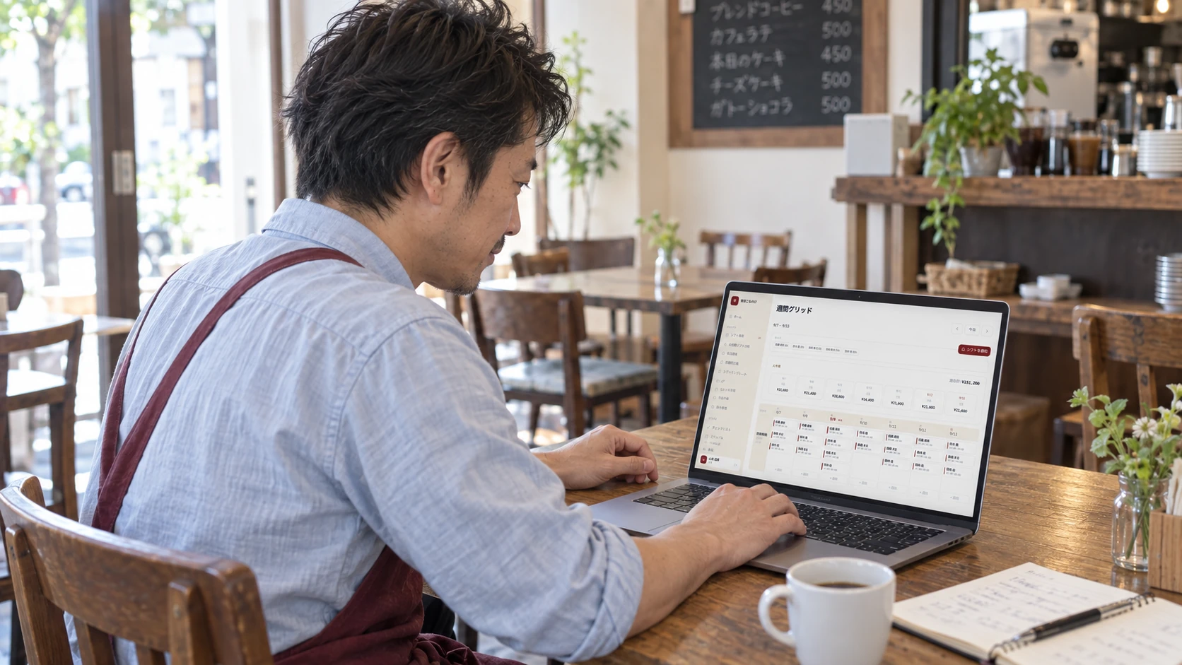 カフェの店内で、パソコンから週間シフト表を確認する店長のイメージ