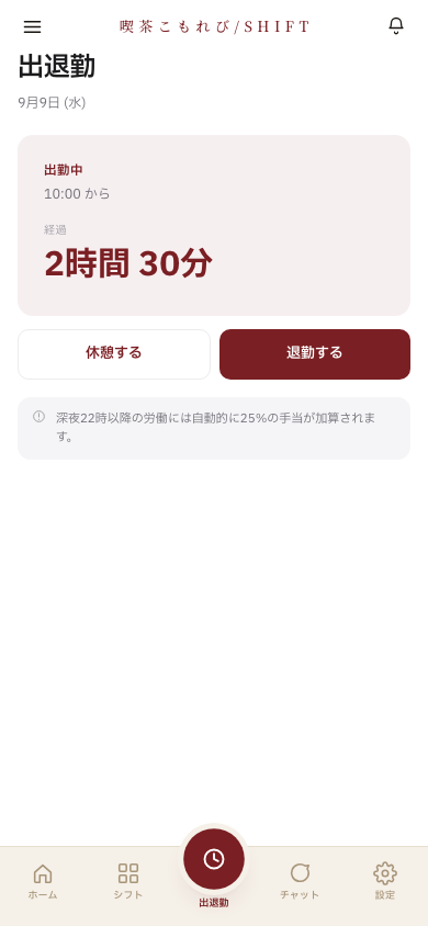 スタッフの出退勤画面。勤務状況と休憩・退勤の操作